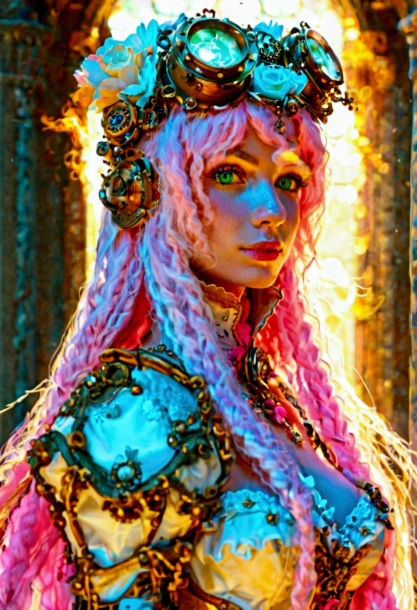 Imagine a beautiful woman with long straight neon pink hair with white skin with neon green eyes with a sculptural body wearing light red and white steampunk armor with ornaments wearing a Victorian top hat with brass bronze glasses on her head energizing blue sparks in her hands in an arcane temple.