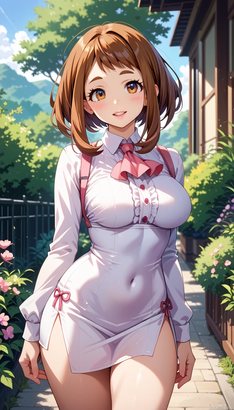 Yellow before_Kumiko、Colored shiny eyes,1 Girl、pink dress jacket,Kumiko Oumae、In the garden full of flowers,sit at the table for afternoon tea,exterior,Warm Light,Clear sky,masterpiece,Highest quality,Perfect image quality,Beautiful and kind,High resolution,Enhanced Detail、Nipples are visible、Completely naked
