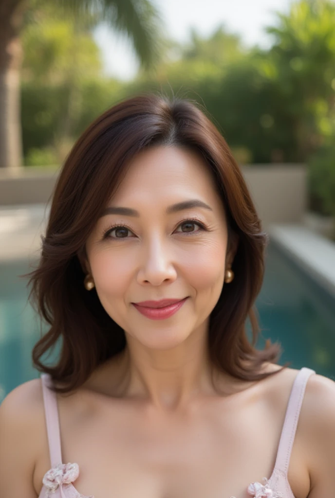 Mature Woman,  Japanese, 58 years old (Mature Beauty: 1.5),  Gentle and Seductive Smile ,  fine lines of laughter  (1.4), 
Natural Aging 、A warm look,  Wavy, Deep Hair (1.3), 
 Soft, Natural Wrinkles 、 in the company reception room (1.4), 
 sharp focus ,  high res,  super detail (1.4), 
 unrivaled beauty ,  Calm Eye Makeup  (1.3), lipstick (1.2),  eyeshadow,  mascara, 
 Slim, Gentle Curves ,  Elegant and Elegant Posture , 
Realistic,  realistic  (1.4), masterpiece,  top quality ,  depth of field ,  Physically Based Rendering ,  Fascinating Atmosphere 。Swimming Swimsuit :  Pastel Pink High Waist Tankini 、 Fine Floral Prints and Bow Details。
background:  Lush Poolside 、 Refreshing Space Shaded by Palm Trees 。 close-up
