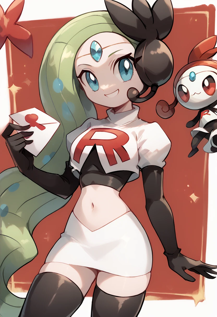 score_9, score_8_up, score_7_up, Meloetta, pokemon \(creature\), (solo), no humans, smile,team rocket,team rocket uniform,white skirt,red letter R,crop top,black thigh-highs,black elbow gloves