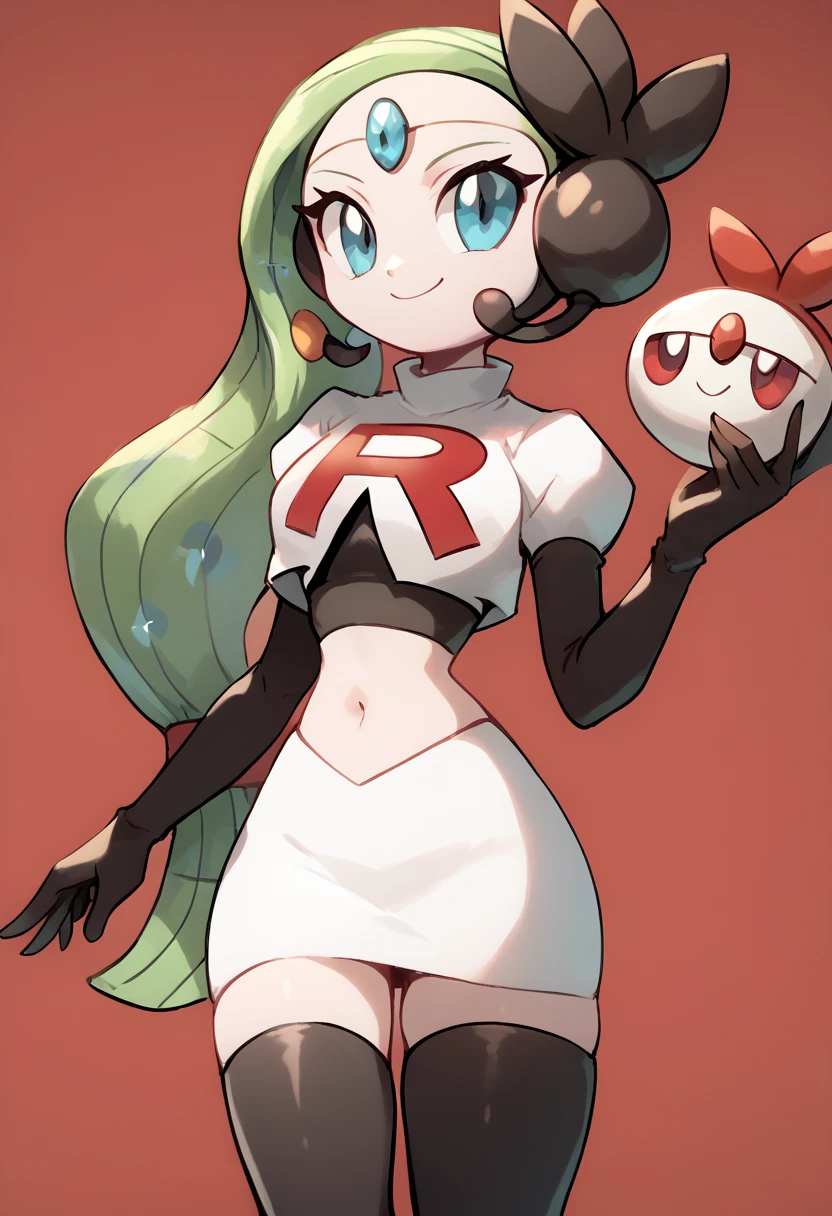 score_9, score_8_up, score_7_up, Meloetta, pokemon \(creature\), (solo), no humans, smile,team rocket,team rocket uniform,white skirt,red letter R,crop top,black thigh-highs,black elbow gloves