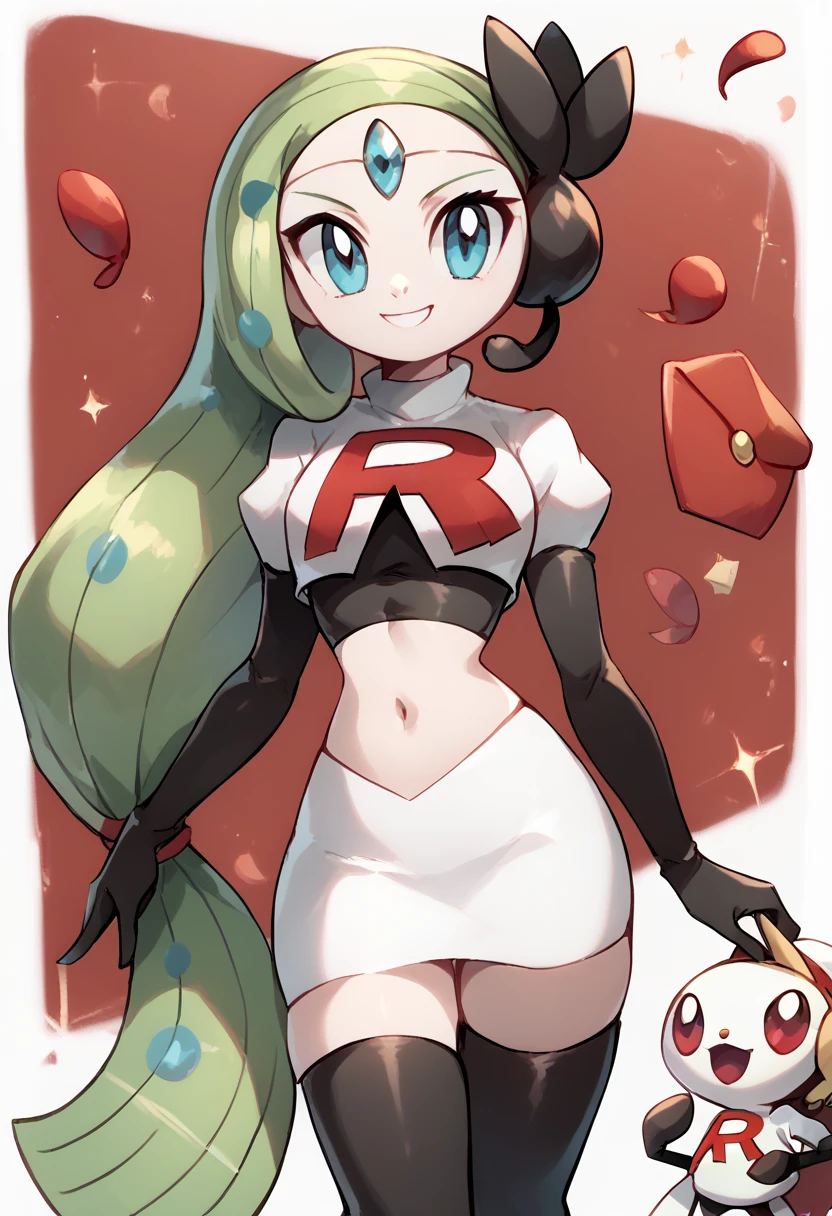 score_9, score_8_up, score_7_up, Meloetta, pokemon \(creature\), (solo), no humans, smile,team rocket,team rocket uniform,white skirt,red letter R,crop top,black thigh-highs,black elbow gloves