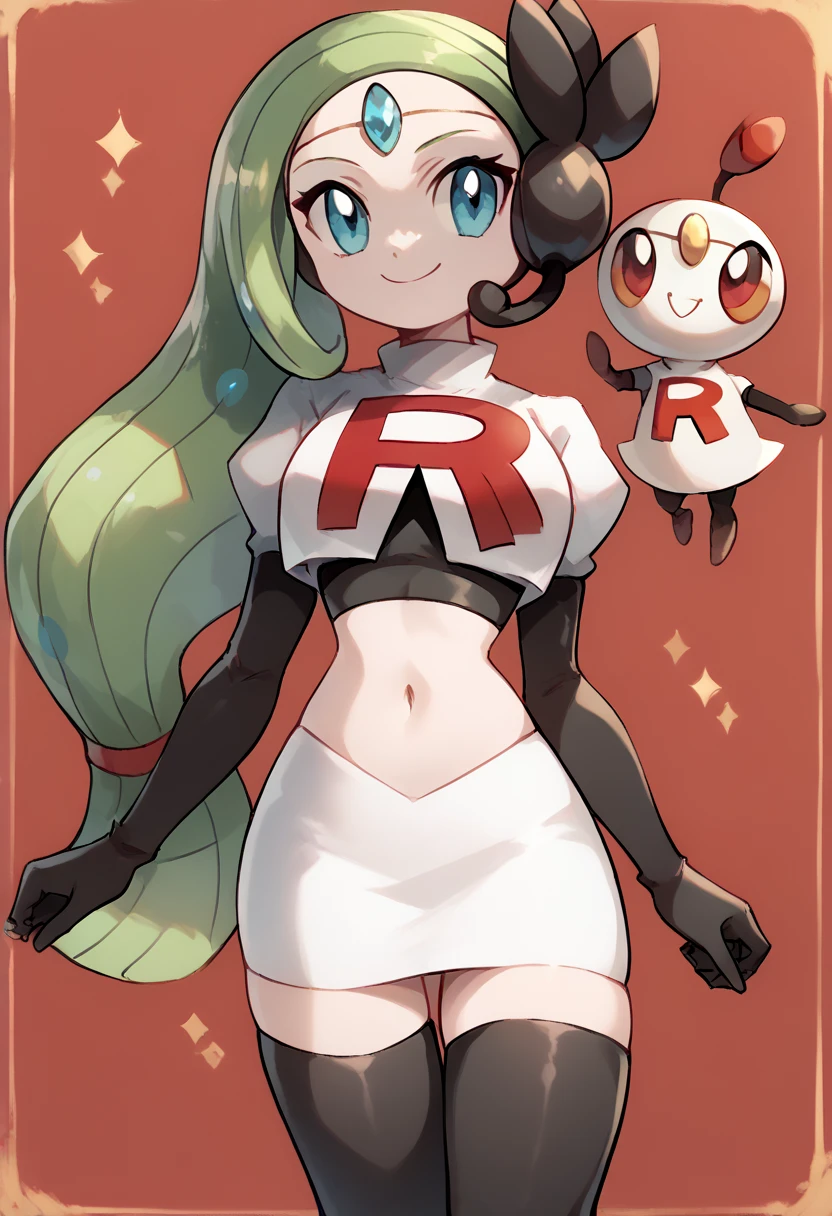 score_9, score_8_up, score_7_up, Meloetta, pokemon \(creature\), (solo), no humans, smile,team rocket,team rocket uniform,white skirt,red letter R,crop top,black thigh-highs,black elbow gloves