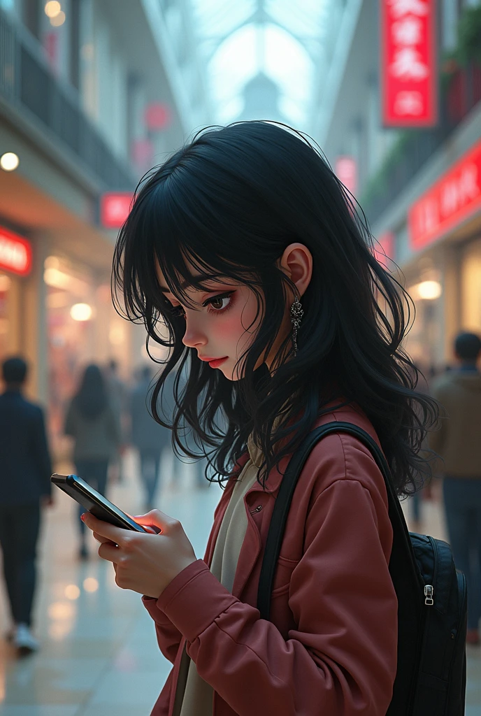 A white skinned girl, with wavy black hair , black eyes , in a mall with a cell phone in his hand