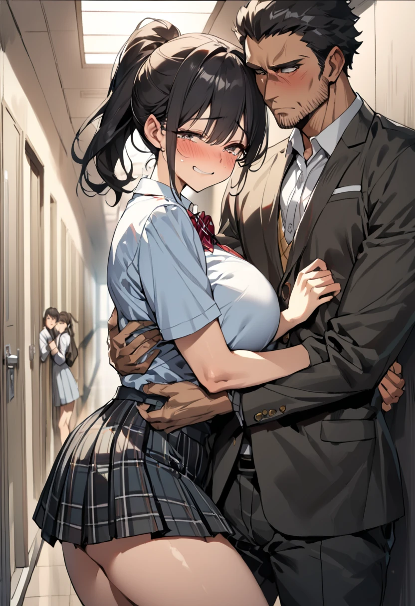 huge breasts,6yo,masterpiece, best quality, highres, aaanna, long hair, brown eyes, collarbone, collared shirt, white shirt, sleeves rolled up, pleated skirt, blue skirt, miniskirt,, smile, my room,(((Grabbing breasts,sex with guys,lift skirt)))