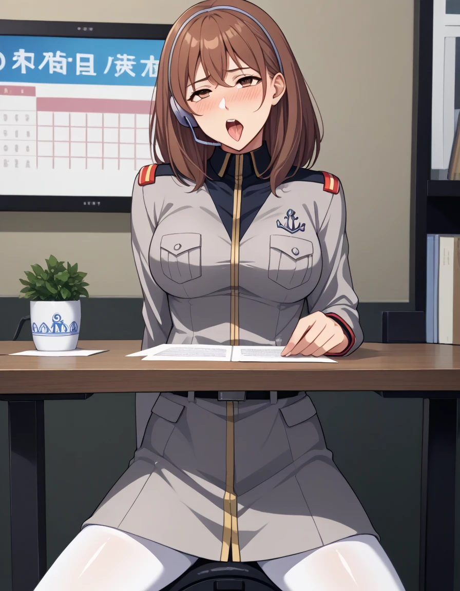 score_9,score_8_ up,score_7_ up.、 anime coloring  ,tv set_anchor , One girl ,table, sitting, 、  Source Anime  、  1 girl、、Alone、,indoor, Noel Anderson 、 Shorthair、 brown hair 、 brown eyes,  headset、uniform、 gray jacket、 chest pocket 、Black belt、 Long Sleeve 、White pantyhose,blush、 overflowing with semen、Big Breasts、Ahegao、 spread her legs