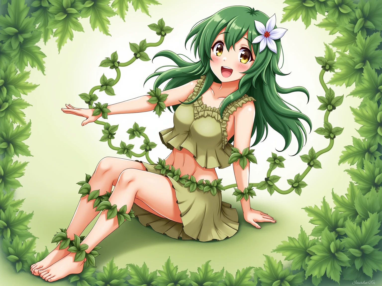 (detailed background), (masterpiece), (4k), (best quality), tan skinned anime girl, dressed in a cute bikini top and flowy skirt, curled up in a peaceful slumber on a grassy hill, her hand pressed against her stomach in discomfort. sweating, sweat beads all over her body