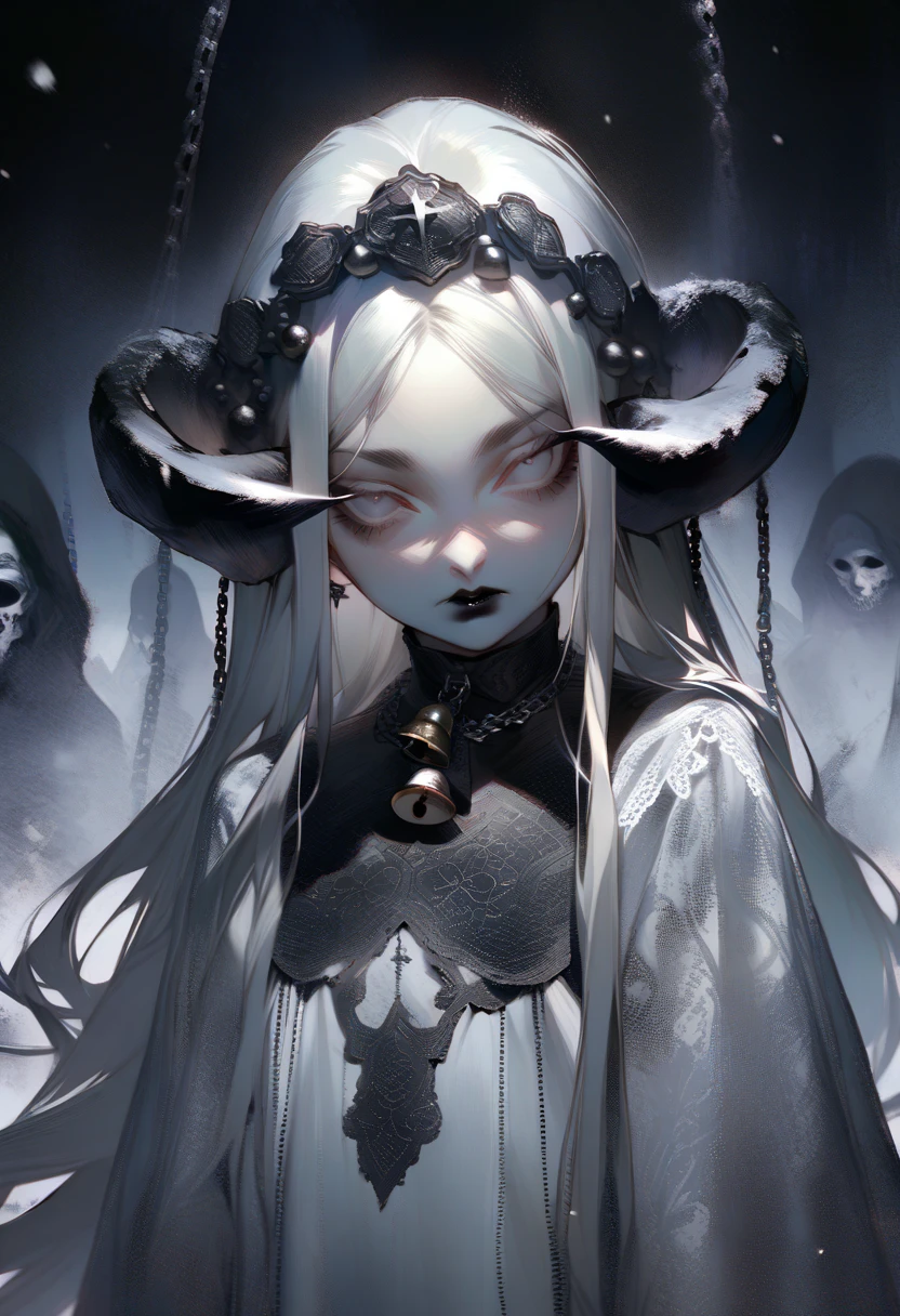 masterpiece, elf woman, solo,young, pale, (very long hair), very straight hair, white hair, black lipstick, white eyes, (white velvet lace dress), black eyebrows, in a snow dead cemetery garden, cute, closeup, expressionless, long horns, evil pose, big silver chains around, bells, 