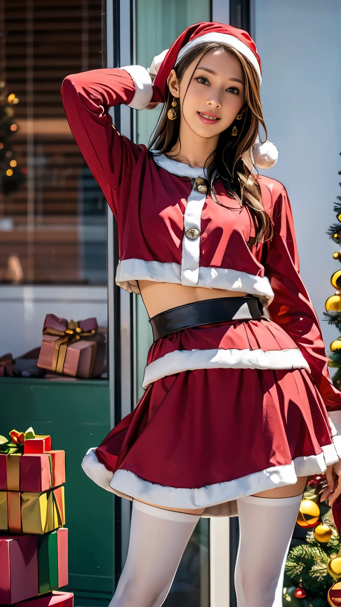 top-quality、Top image quality、​masterpiece、fully body photo、25 years old women, Dark brown wavy middle hair、bangss、Santa Claus Cosplay、red and white knit hat、No bra、 (Red and black lace panties、Soft breasts visible from the side、Medium milk)、Black stockings、 cute smile face、(tilt your neck slightly)、(Looks Back、stick out buttocks、buttocks visible)、sexy hips、sexy  pose、Big necklace、耳Nipple Ring、Photos showing the whole body