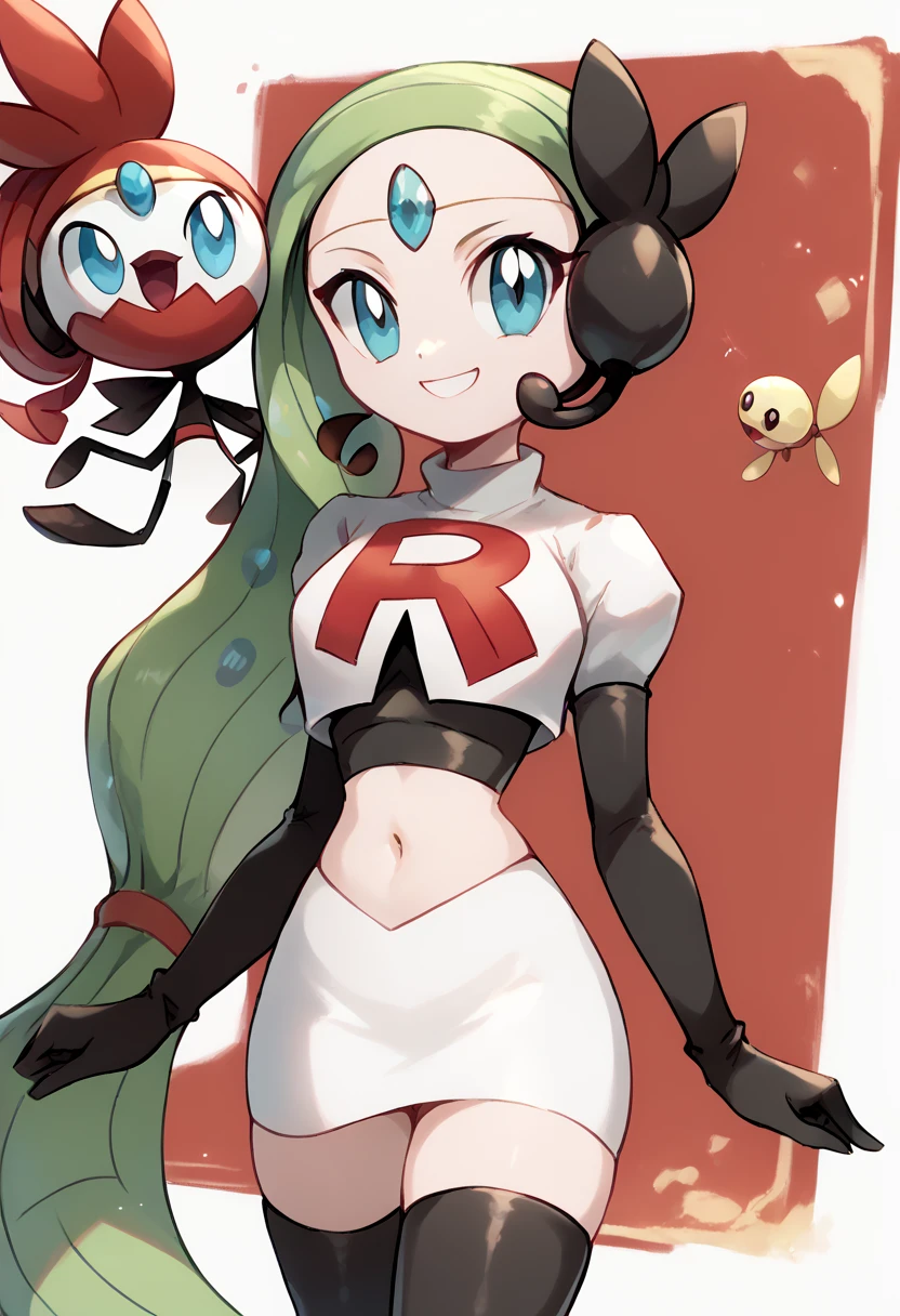 score_9, score_8_up, score_7_up, Meloetta, pokemon \(creature\), (solo), no humans, smile,team rocket,team rocket uniform,white skirt,red letter R,crop top,black thigh-highs,black elbow gloves