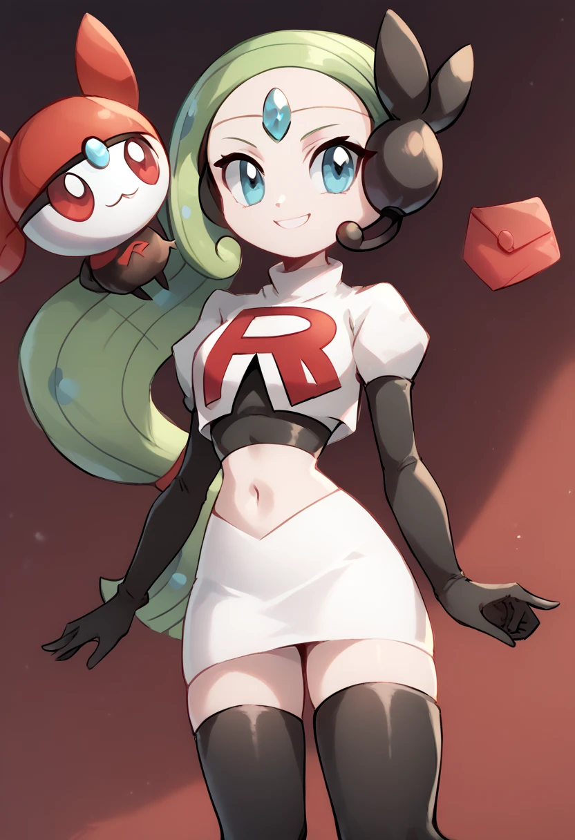 score_9, score_8_up, score_7_up, Meloetta, pokemon \(creature\), (solo), no humans, smile,team rocket,team rocket uniform,white skirt,red letter R,crop top,black thigh-highs,black elbow gloves