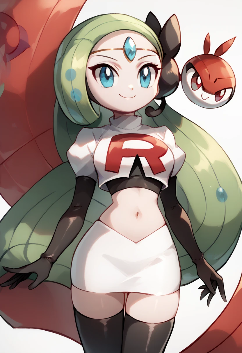 score_9, score_8_up, score_7_up, Meloetta, pokemon \(creature\), (solo), no humans, smile,team rocket,team rocket uniform,white skirt,red letter R,crop top,black thigh-highs,black elbow gloves