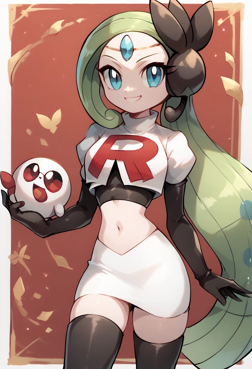 score_9, score_8_up, score_7_up, Meloetta, pokemon \(creature\), (solo), no humans, smile,team rocket,team rocket uniform,white skirt,red letter R,crop top,black thigh-highs,black elbow gloves