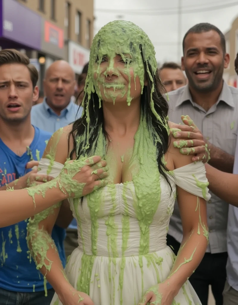 DSLR photograph. Beautiful Chinese woman covered in green water. Large crowd of men grabbing the Chinese woman. Photorealistic. Wet liquid. Nasty slime. Raw photo. Wearing strapless white dress. London streets. Daytime. Green Slime. Dripping green goo. 30 years old. (Asian girl: 1.5). Wavy Black hair. Green water. Portrait photo. Cleavage. Beautiful Asian face. Men grabbing her boobs.