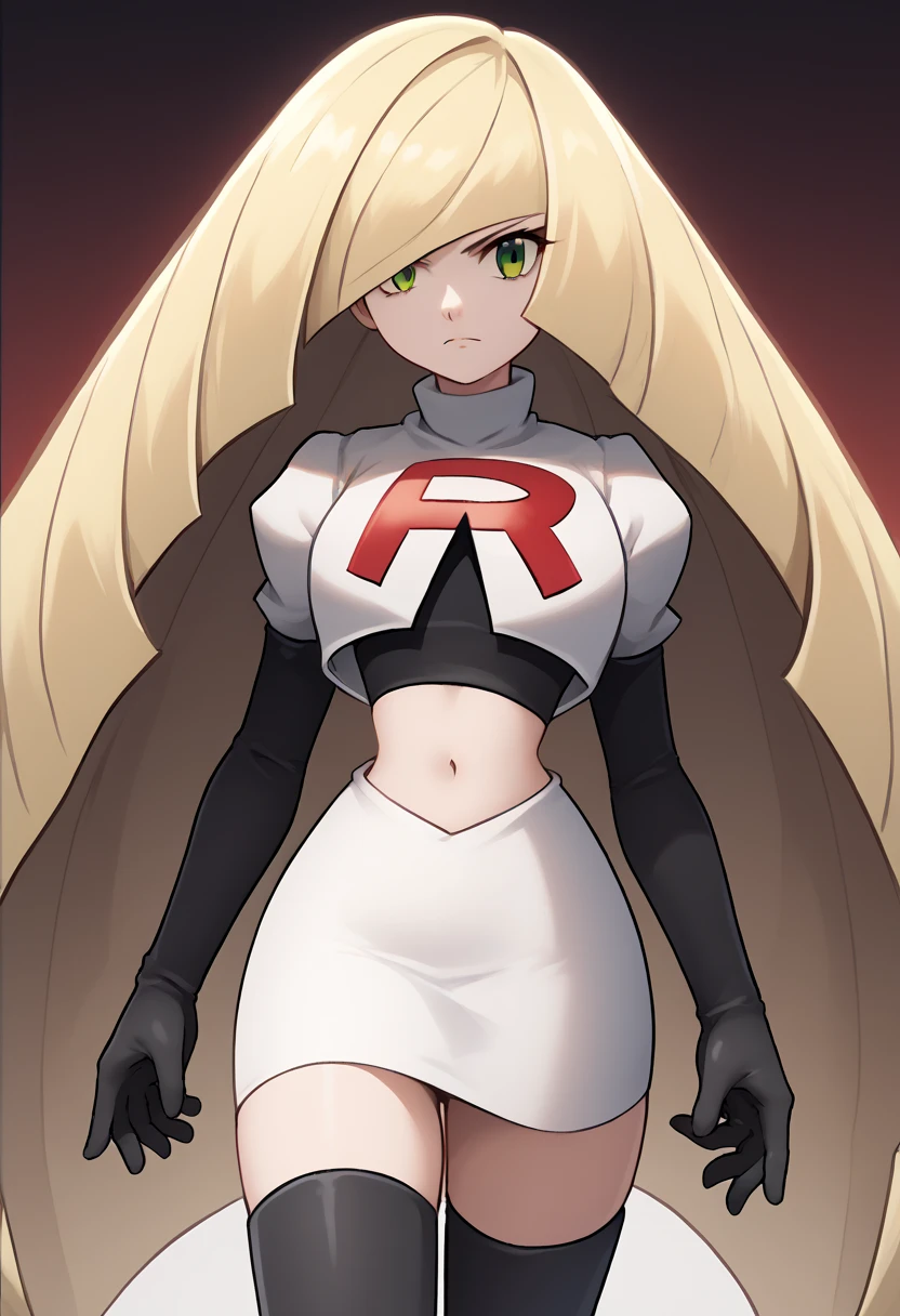 score_9, score_8_up, score_7_up, source_anime BREAK 1girl, solo, lsmndef, green eyes, blonde hair, very long hair, bangs, hair over one eye, looking at viewer, thighs, narrow waist, cowboy shot, team rocket,team rocket uniform,white skirt,red letter R,crop top,black thigh-highs,black elbow gloves