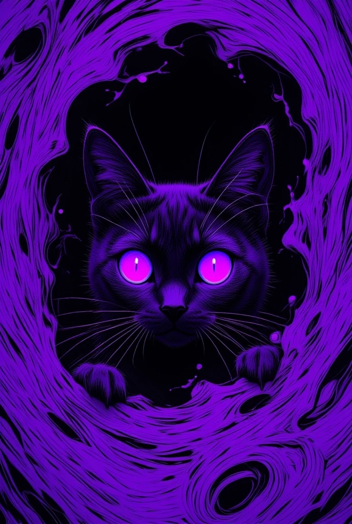 A cat is peeking out of a purple and black striped background, Purple Cat,  Cat from the Void , Portrait of Lisa Frank ,  Violet Porsangi Pop Art,  LSD ripples , 輝く purple eyes,  Alex grey cat , , Cat with laser eyes,  Realistic Wavy Fabric , microscope cat ,  liquid cat ,  cat close-up, Metal ears、 purple eyes