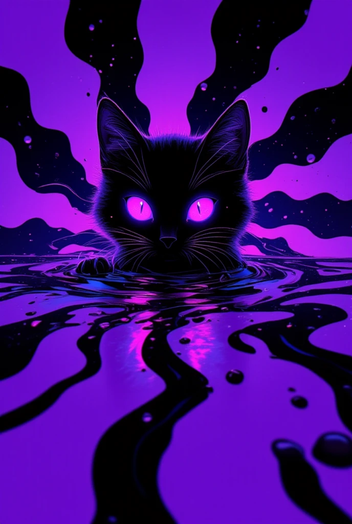 A cat is peeking out of a purple and black striped background, Purple Cat,  Cat from the Void , Portrait of Lisa Frank ,  Violet Porsangi Pop Art,  LSD ripples , 輝く purple eyes,  Alex grey cat , , Cat with laser eyes,  Realistic Wavy Fabric , microscope cat ,  liquid cat ,  cat close-up, Metal ears、 purple eyes