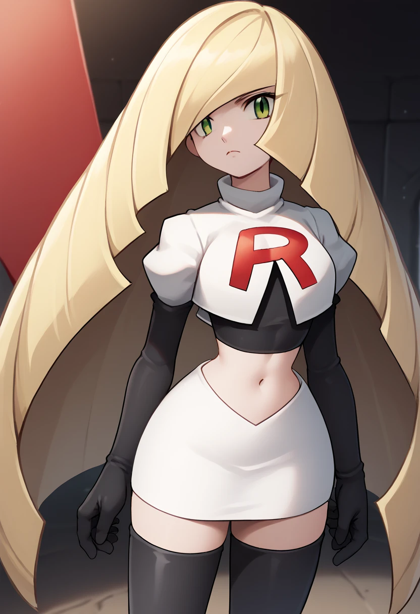 score_9, score_8_up, score_7_up, source_anime BREAK 1girl, solo, lsmndef, green eyes, blonde hair, very long hair, bangs, hair over one eye, looking at viewer, thighs, narrow waist, cowboy shot, team rocket,team rocket uniform,white skirt,red letter R,crop top,black thigh-highs,black elbow gloves