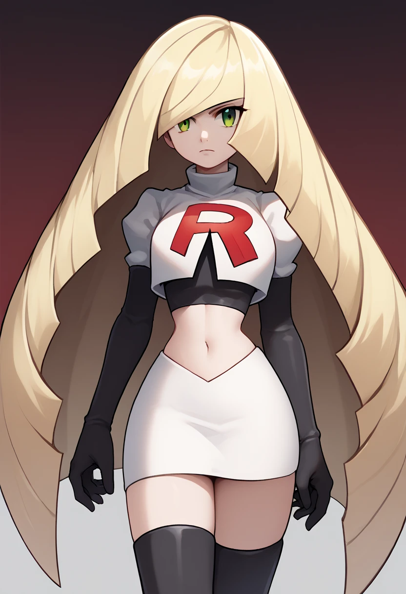 score_9, score_8_up, score_7_up, source_anime BREAK 1girl, solo, lsmndef, green eyes, blonde hair, very long hair, bangs, hair over one eye, looking at viewer, thighs, narrow waist, cowboy shot, team rocket,team rocket uniform,white skirt,red letter R,crop top,black thigh-highs,black elbow gloves