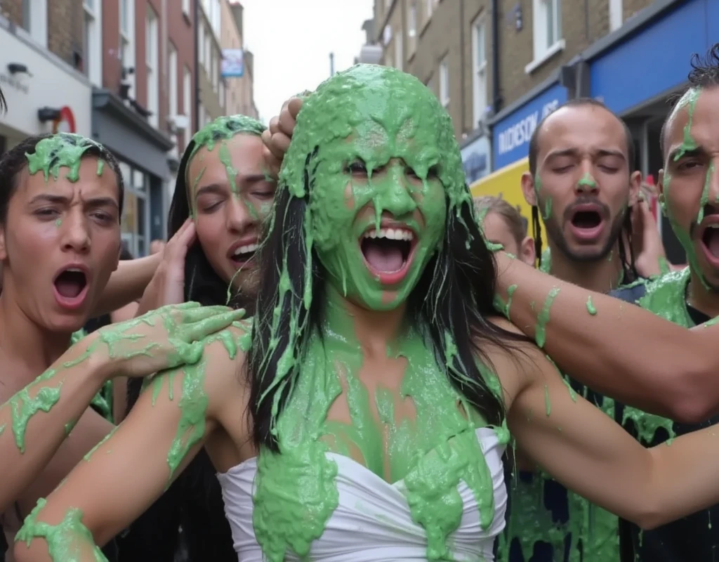 DSLR photograph. Beautiful Chinese woman covered in green water. Large crowd of men grabbing the Chinese woman. Photorealistic. Wet liquid. Nasty slime. Raw photo. Wearing strapless white dress. London streets. Daytime. Green Slime. Dripping green goo. 30 years old. (Asian girl: 1.5). Wavy Black hair. Green water. Portrait photo. Cleavage. Beautiful Asian face. Men grabbing her boobs.