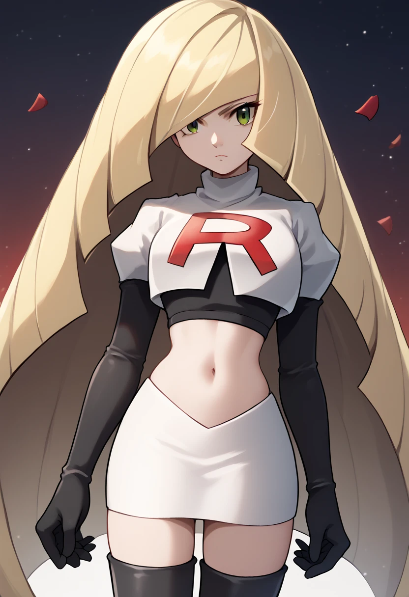 score_9, score_8_up, score_7_up, source_anime BREAK 1girl, solo, lsmndef, green eyes, blonde hair, very long hair, bangs, hair over one eye, looking at viewer, cowboy shot, team rocket,team rocket uniform,white skirt,red letter R,crop top,black thigh-highs,black elbow gloves