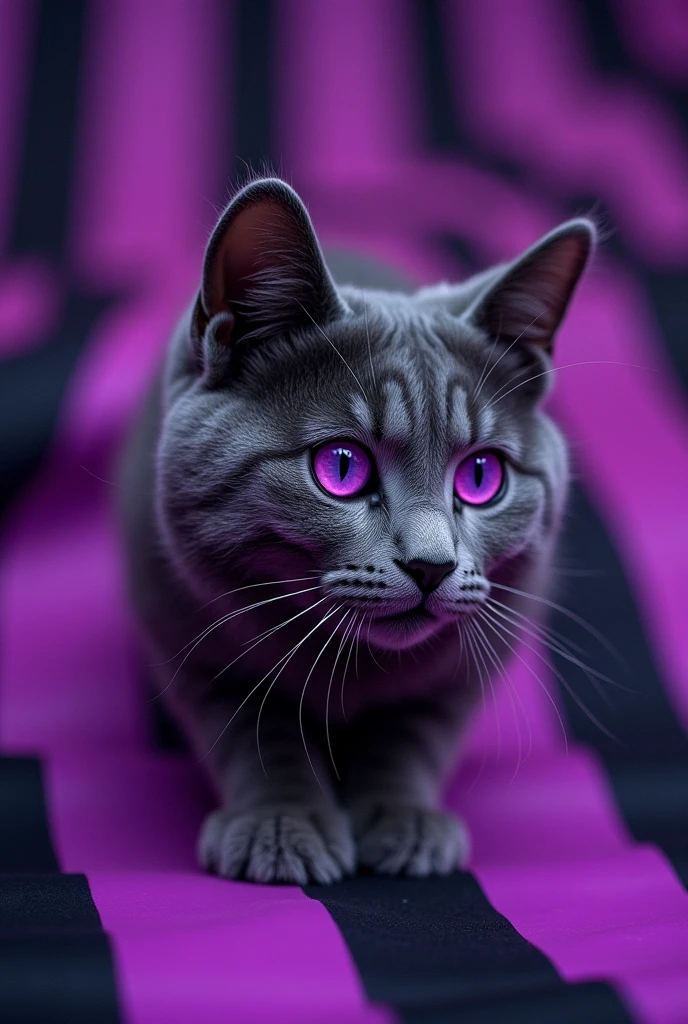 A cat is peeking out of a purple and black striped background, Purple Cat,  Cat from the Void , Portrait of Lisa Frank ,  Violet Porsangi Pop Art,  LSD ripples , 輝く purple eyes,  Alex grey cat , , Cat with laser eyes,  Realistic Wavy Fabric , microscope cat ,  liquid cat ,  cat close-up, Metal ears、 purple eyes