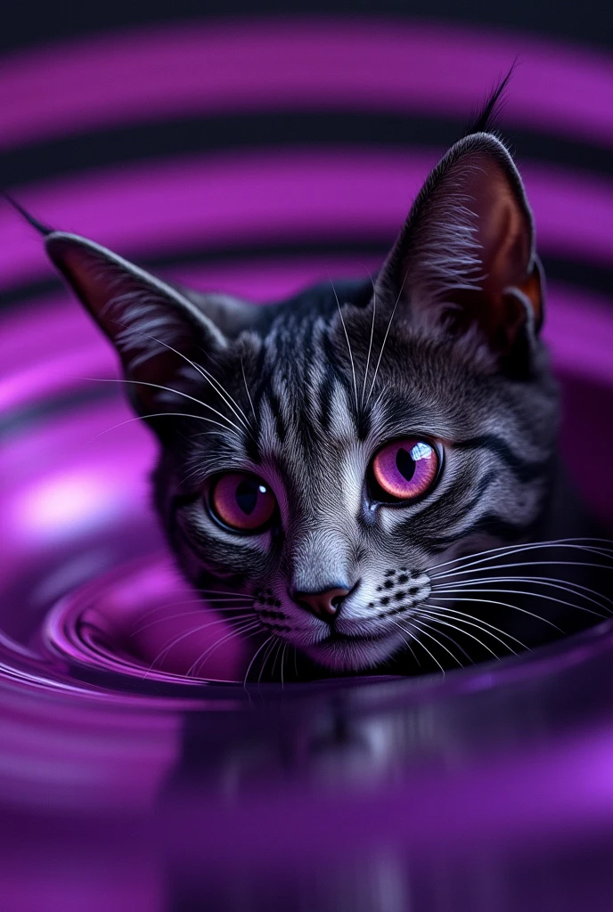 A cat is peeking out of a purple and black striped background, Purple Cat,  Cat from the Void , Portrait of Lisa Frank ,  Violet Porsangi Pop Art,  LSD ripples , 輝く purple eyes,  Alex grey cat , , Cat with laser eyes,  Realistic Wavy Fabric , microscope cat ,  liquid cat ,  cat close-up, Metal ears、 purple eyes