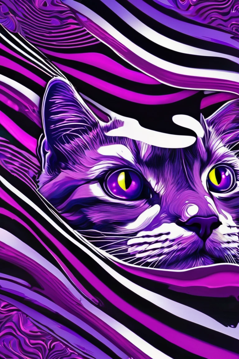 A cat is peeking out of a purple and black striped background, Purple Cat,  Cat from the Void , Portrait of Lisa Frank ,  Violet Porsangi Pop Art,  LSD ripples , 輝く purple eyes,  Alex grey cat , , Cat with laser eyes,  Realistic Wavy Fabric , microscope cat ,  liquid cat ,  cat close-up, Metal ears、 purple eyes