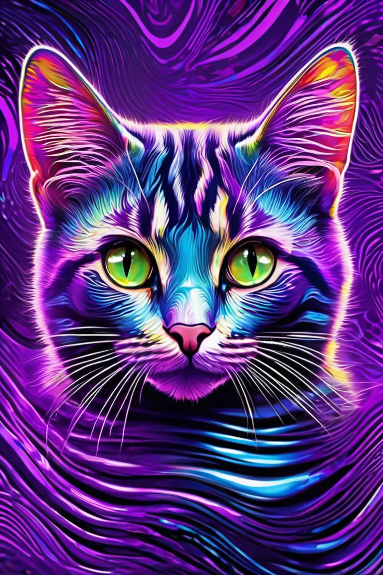 A cat is peeking out of a purple and black striped background, Purple Cat,  Cat from the Void , Portrait of Lisa Frank ,  Violet Porsangi Pop Art,  LSD ripples , 輝く purple eyes,  Alex grey cat , , Cat with laser eyes,  Realistic Wavy Fabric , microscope cat ,  liquid cat ,  cat close-up, Metal ears、 purple eyes