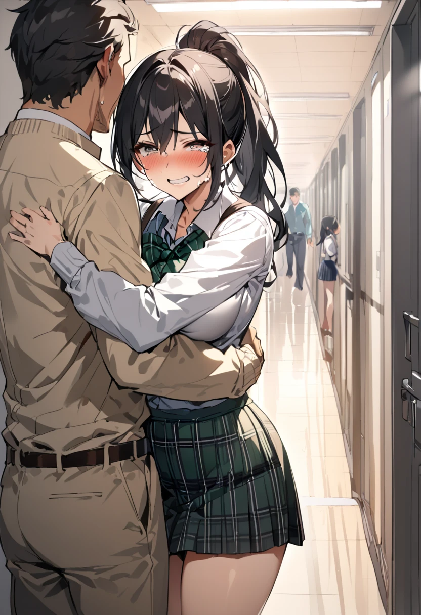 Highest quality,Highest quality,A female teacher in her twenties and a six-year-old boy、ht lskirte teacher hugs the boy from behind.、Put your hand in your crotch