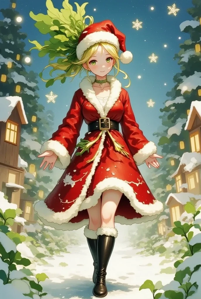 (Masterpiece, top quality, high resolution, highly detailed CG unified 8K wallpaper)), (huge stunning goddess shot, very hot and sexy, jaw-dropping beauty, perfect proportions, beautiful body, slim body beauty:1.3), (random poses, dynamic composition), Christmas, Santa Claus, (woman in Santa Claus costume, staring at viewer, red coat and skirt with white fur trim, long sleeves, thick black belt, gold buckle, black leather boots, Santa Claus hat, smiling shyly:1.3), (beautiful hands, correct fingers, 4 fingers, 1 thumb), The city at night with snow falling and twinkling illuminations,