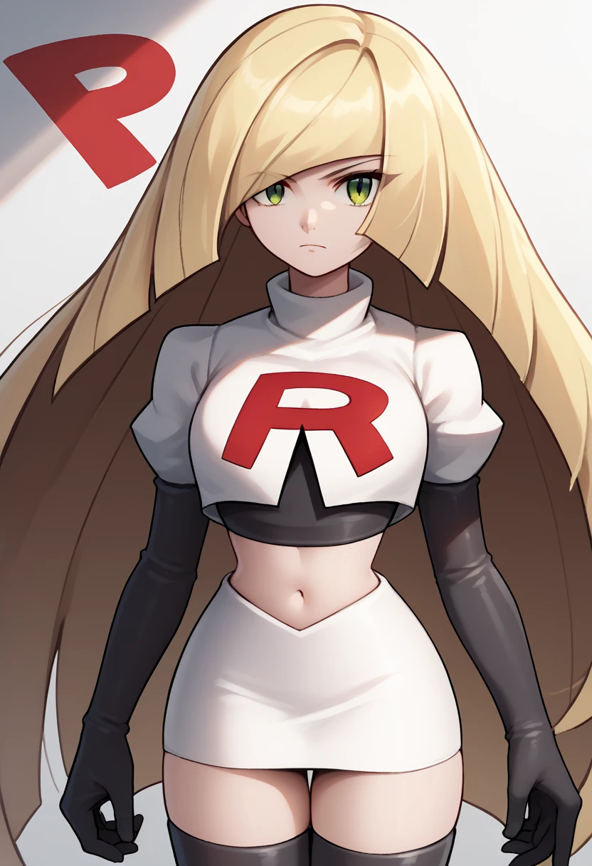 score_9, score_8_up, score_7_up, source_anime BREAK 1girl, solo, lsmndef, green eyes, blonde hair, very long hair, bangs, hair over one eye, looking at viewer, thighs, narrow waist, cowboy shot, team rocket,team rocket uniform,white skirt,red letter R,crop top,black thigh-highs,black elbow gloves