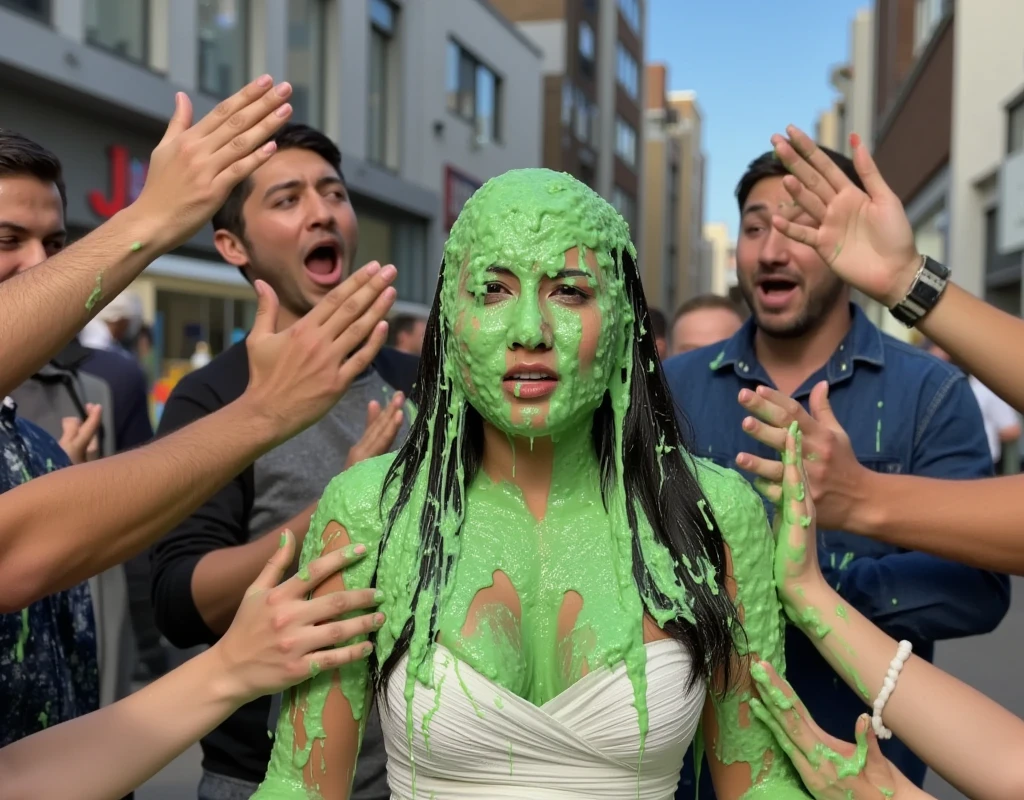 DSLR photograph. Beautiful Chinese woman covered in green water. Large crowd of men grabbing the Chinese woman. Photorealistic. Wet liquid. Nasty slime. Raw photo. Wearing strapless white dress. London streets. Daytime. Green Slime. Dripping green goo. 30 years old. (Chinese girl: 1.5). Wavy Black hair. Green water. Portrait photo. Cleavage. Beautiful Asian face. Men grabbing her boobs.