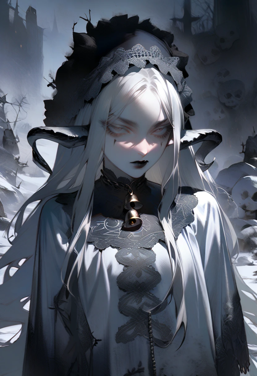 masterpiece, elf woman, solo,young, pale, (very long hair), very straight hair, white hair, black lipstick, white eyes, (white velvet lace dress), black eyebrows, in a snow dead cemetery garden, cute, closeup, expressionless, long horns, evil pose, big silver chains around, bells, 