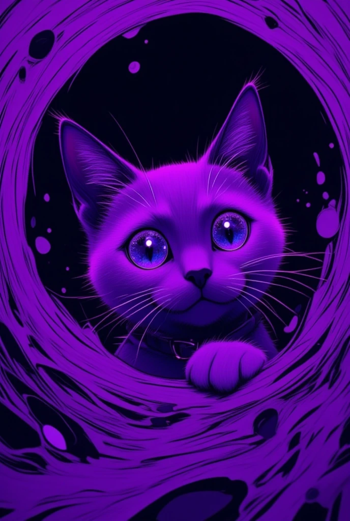 A cat is peeking out of a purple and black striped background, Purple Cat,  Cat from the Void , Portrait of Lisa Frank ,  Violet Porsangi Pop Art,  LSD ripples , 輝く purple eyes,  Alex grey cat , , Cat with laser eyes,  Realistic Wavy Fabric , microscope cat ,  liquid cat ,  cat close-up, Metal ears、 purple eyes