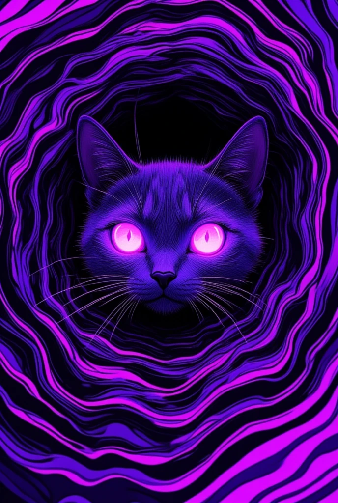 A cat is peeking out of a purple and black striped background, Purple Cat,  Cat from the Void , Portrait of Lisa Frank ,  Violet Porsangi Pop Art,  LSD ripples , 輝く purple eyes,  Alex grey cat , , Cat with laser eyes,  Realistic Wavy Fabric , microscope cat ,  liquid cat ,  cat close-up, Metal ears、 purple eyes