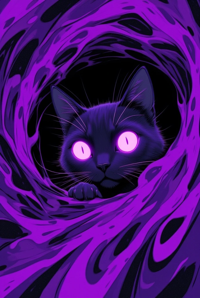 A cat is peeking out of a purple and black striped background, Purple Cat,  Cat from the Void , Portrait of Lisa Frank ,  Violet Porsangi Pop Art,  LSD ripples , 輝く purple eyes,  Alex grey cat , , Cat with laser eyes,  Realistic Wavy Fabric , microscope cat ,  liquid cat ,  cat close-up, Metal ears、 purple eyes