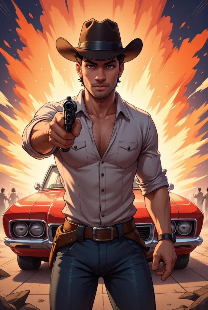 A dynamic RPG-inspired animated scene featuring a dark-brown cowboy hat-wearing man, around 30 years old, standing confidently in the foreground. The character wears a rugged shirt, belt, and jeans, staring directly at the audience with intense focus. He holds a revolver in his right hand, pointing it dramatically at the viewer. Behind him, a vibrant red car is positioned near a fuse explosive, moments before detonation, with a fiery explosion effect bursting outward. Speed lines emphasize the motion and energy of the scene, directing focus to the cowboy. The background depicts a warm, dramatic sunset with hints of an empty crowd scene fading into the distance, enhancing the cinematic tension. The composition captures a sense of urgency and power, rendered in high-quality, vibrant animation with bold colors, detailed character design, and a perfect blend of action and storytelling.  