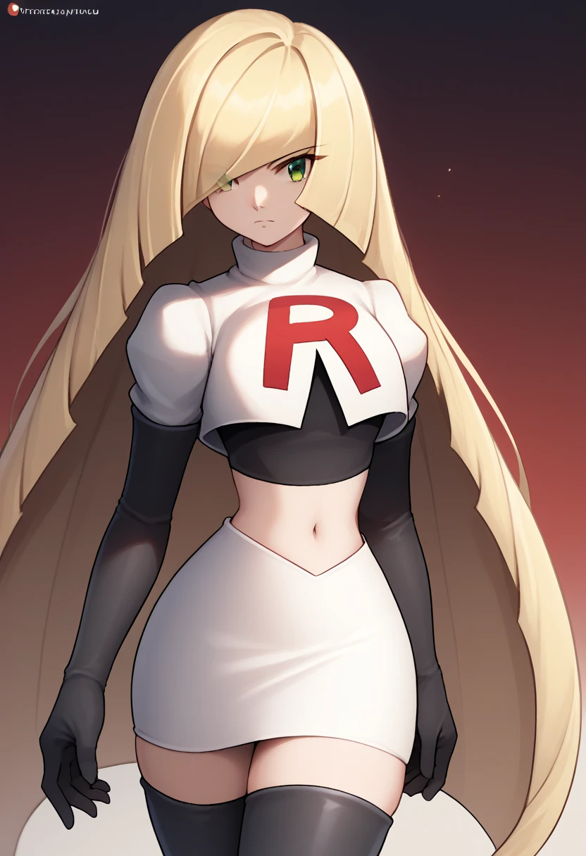 score_9, score_8_up, score_7_up, source_anime BREAK 1girl, solo, lsmndef, green eyes, blonde hair, very long hair, bangs, hair over one eye, looking at viewer, thighs, narrow waist, cowboy shot, team rocket,team rocket uniform,white skirt,red letter R,crop top,black thigh-highs,black elbow gloves