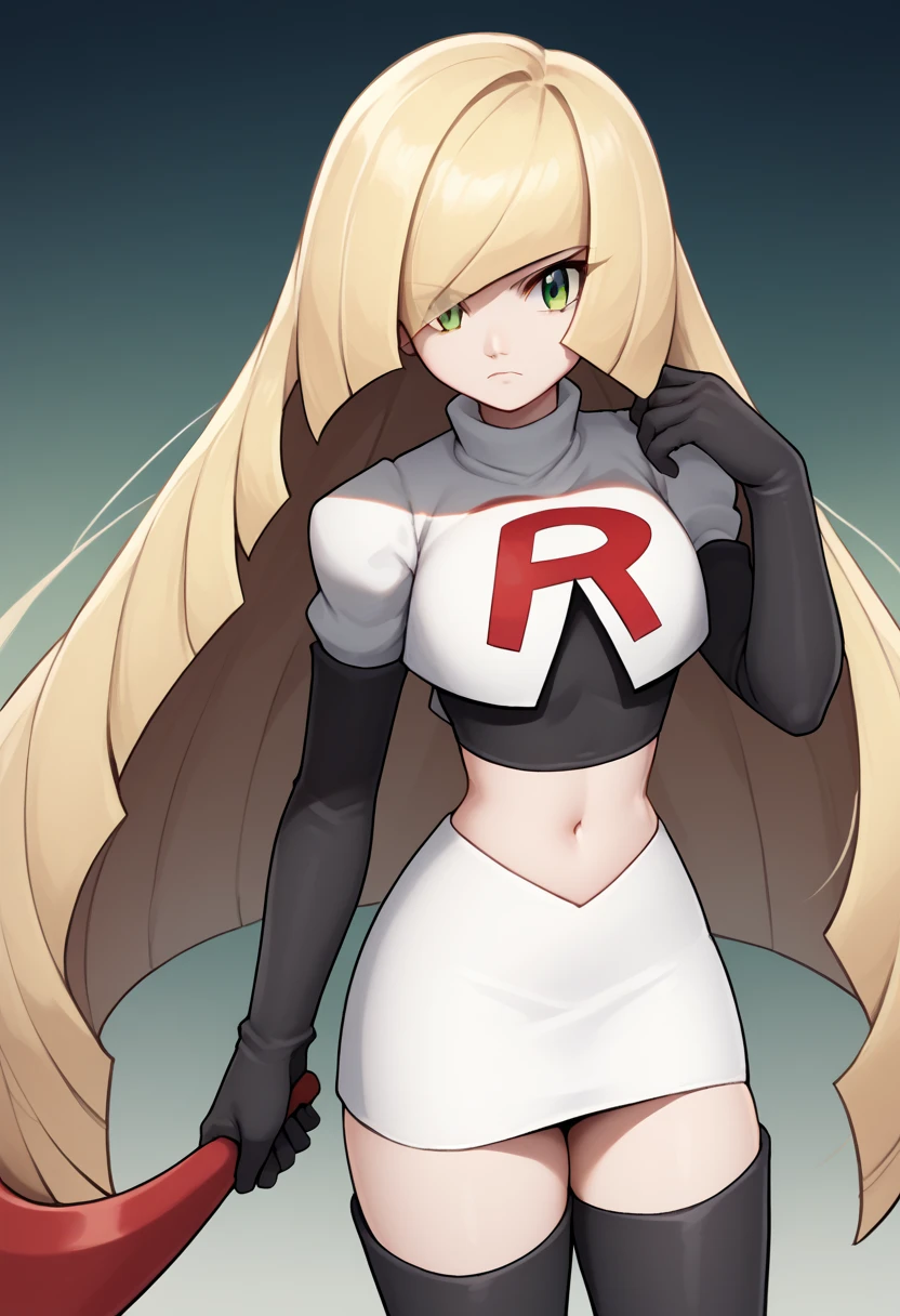 score_9, score_8_up, score_7_up, source_anime BREAK 1girl, solo, lsmndef, green eyes, blonde hair, very long hair, bangs, hair over one eye, looking at viewer, thighs, narrow waist, cowboy shot, team rocket,team rocket uniform,white skirt,red letter R,crop top,black thigh-highs,black elbow gloves