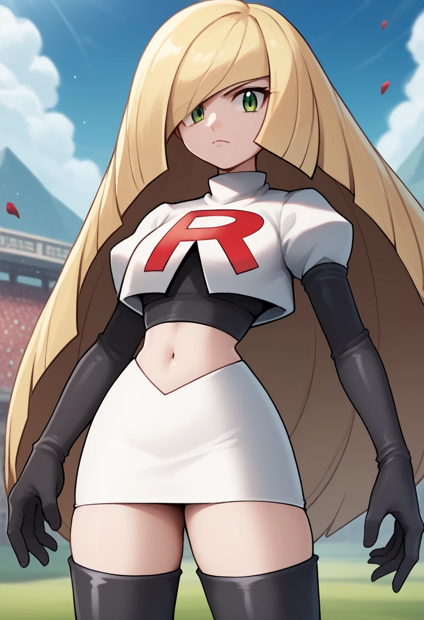 score_9, score_8_up, score_7_up, source_anime BREAK 1girl, solo, lsmndef, green eyes, blonde hair, very long hair, bangs, hair over one eye, looking at viewer, thighs, narrow waist, cowboy shot, team rocket,team rocket uniform,white skirt,red letter R,crop top,black thigh-highs,black elbow gloves