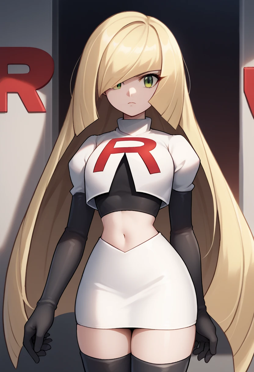 score_9, score_8_up, score_7_up, source_anime BREAK 1girl, solo, lsmndef, green eyes, blonde hair, very long hair, bangs, hair over one eye, looking at viewer, thighs, narrow waist, cowboy shot, team rocket,team rocket uniform,white skirt,red letter R,crop top,black thigh-highs,black elbow gloves