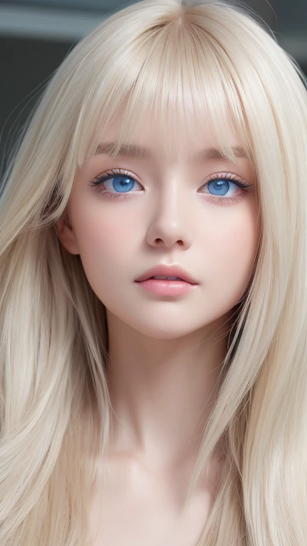  High Quality 、最 High Quality 、 Photorealistic 、 original photos、 real、超 real8K CG、 super detail  、 high resolution、 Masterpiece 、 ONE GIRL、 long hair、 platinum blonde hair、 detailed face and eyes 、 close-up、Complex detail 、  detail texture、 detail 、A perfectly beautiful face、 messy silky beautiful blonde 、 beautiful cute 19 year old girl 、 very beautiful bright big ice blue eyes 、 very beautiful very bright whitish iris 、 very long beautiful blond silky shiny hair、Beautiful bangs、Very large eyes、The beauty of a small face、 eyeliner 、 very white skin 、Glossy Cheeks、Hair above the eyes、hair between eyes、Too much hair、bangs、