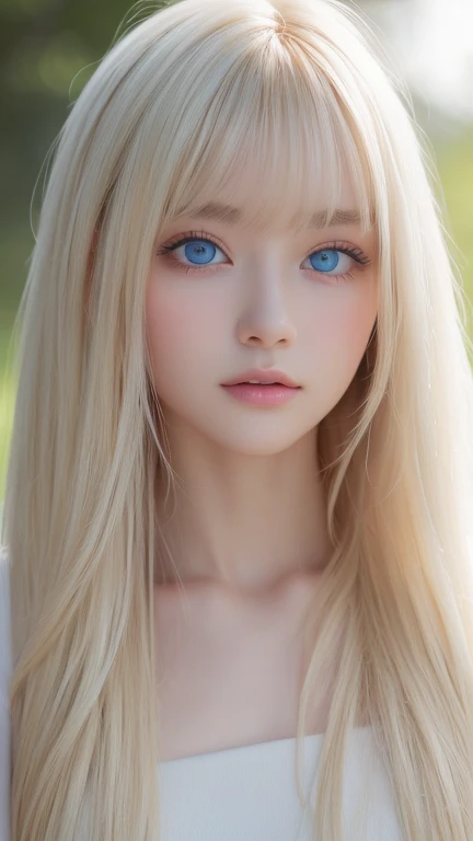  High Quality 、最 High Quality 、 Photorealistic 、 original photos、 real、超 real8K CG、 super detail  、 high resolution、 Masterpiece 、 ONE GIRL、 long hair、 platinum blonde hair、 detailed face and eyes 、 close-up、Complex detail 、  detail texture、 detail 、A perfectly beautiful face、 messy silky beautiful blonde 、 beautiful cute 19 year old girl 、 very beautiful bright big ice blue eyes 、 very beautiful very bright whitish iris 、 very long beautiful blond silky shiny hair、Beautiful bangs、Very large eyes、The beauty of a small face、 eyeliner 、 very white skin 、Glossy Cheeks、Hair above the eyes、hair between eyes、Too much hair、bangs、