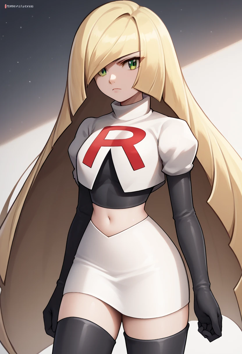 score_9, score_8_up, score_7_up, source_anime BREAK 1girl, solo, lsmndef, green eyes, blonde hair, very long hair, bangs, hair over one eye, looking at viewer, thighs, narrow waist, cowboy shot, team rocket,team rocket uniform,white skirt,red letter R,crop top,black thigh-highs,black elbow gloves