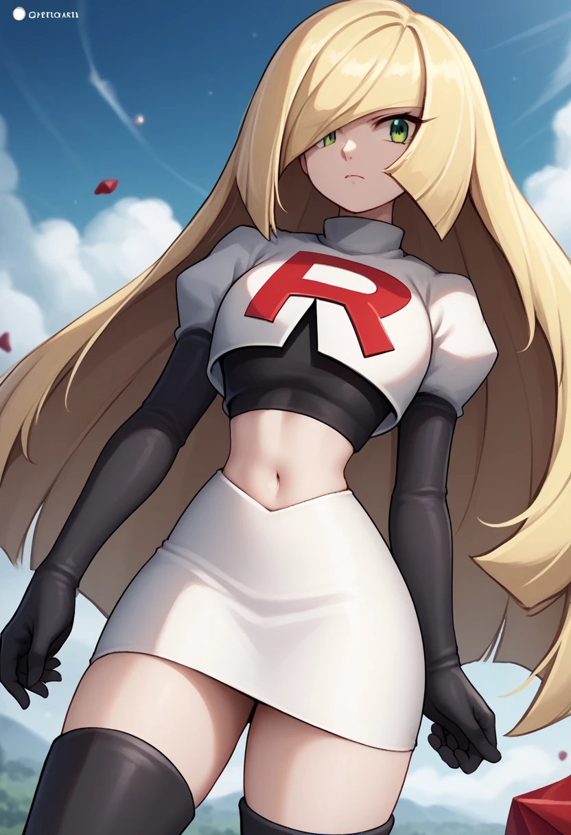 score_9, score_8_up, score_7_up, source_anime BREAK 1girl, solo, lsmndef, green eyes, blonde hair, very long hair, bangs, hair over one eye, looking at viewer, thighs, narrow waist, cowboy shot, team rocket,team rocket uniform,white skirt,red letter R,crop top,black thigh-highs,black elbow gloves