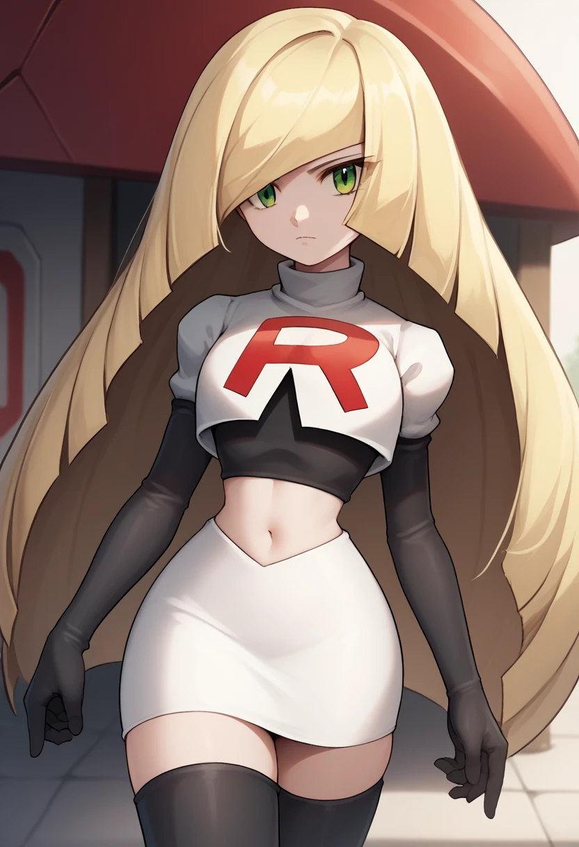 score_9, score_8_up, score_7_up, source_anime BREAK 1girl, solo, lsmndef, green eyes, blonde hair, very long hair, bangs, hair over one eye, looking at viewer, thighs, narrow waist, cowboy shot, team rocket,team rocket uniform,white skirt,red letter R,crop top,black thigh-highs,black elbow gloves