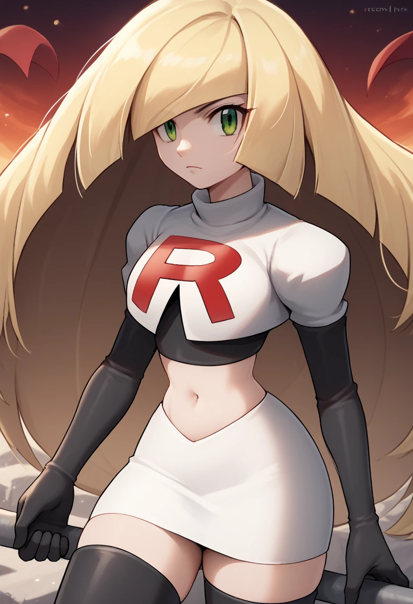 score_9, score_8_up, score_7_up, source_anime BREAK 1girl, solo, lsmndef, green eyes, blonde hair, very long hair, bangs, hair over one eye, looking at viewer, thighs, narrow waist, cowboy shot, team rocket,team rocket uniform,white skirt,red letter R,crop top,black thigh-highs,black elbow gloves