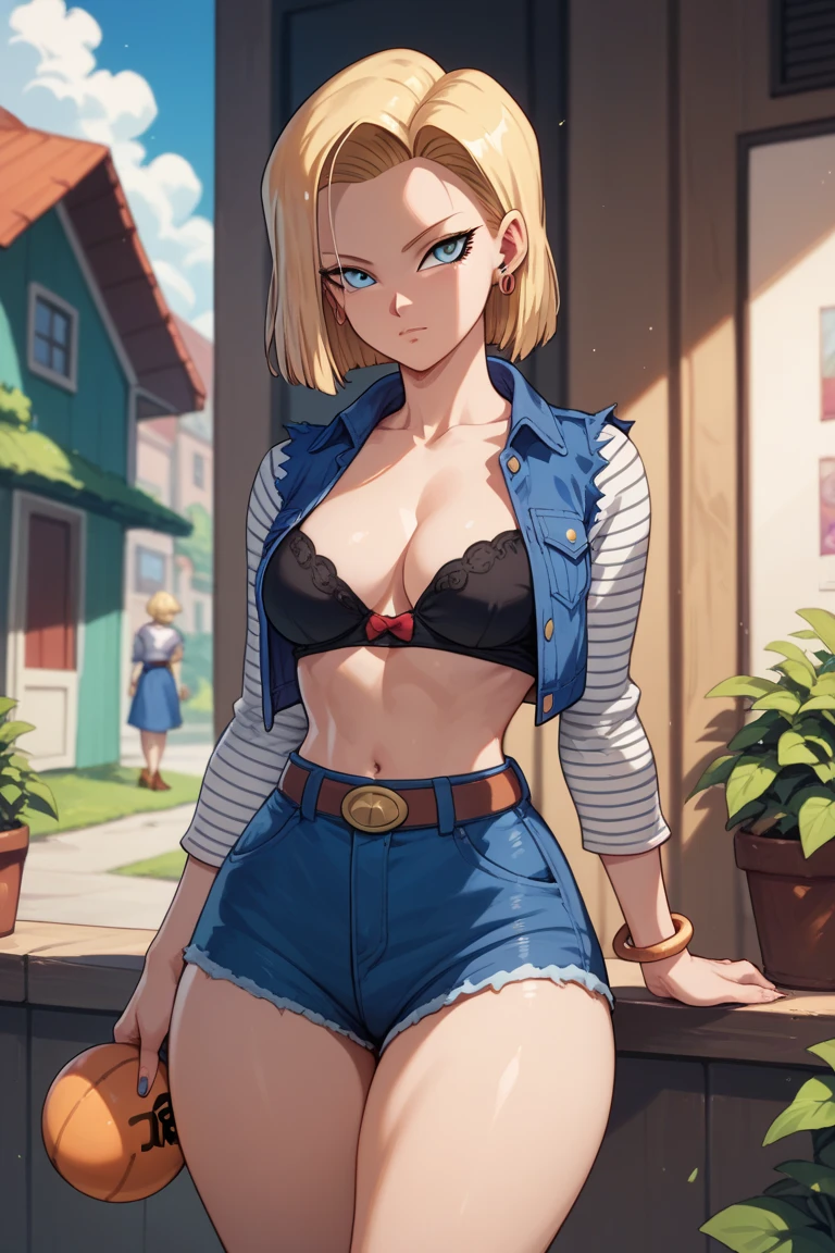 A sexy Android 18 anime illustration of Dragon Ball, medium breasts ( Normal  ),  big ass,  thin waist and wide hips 