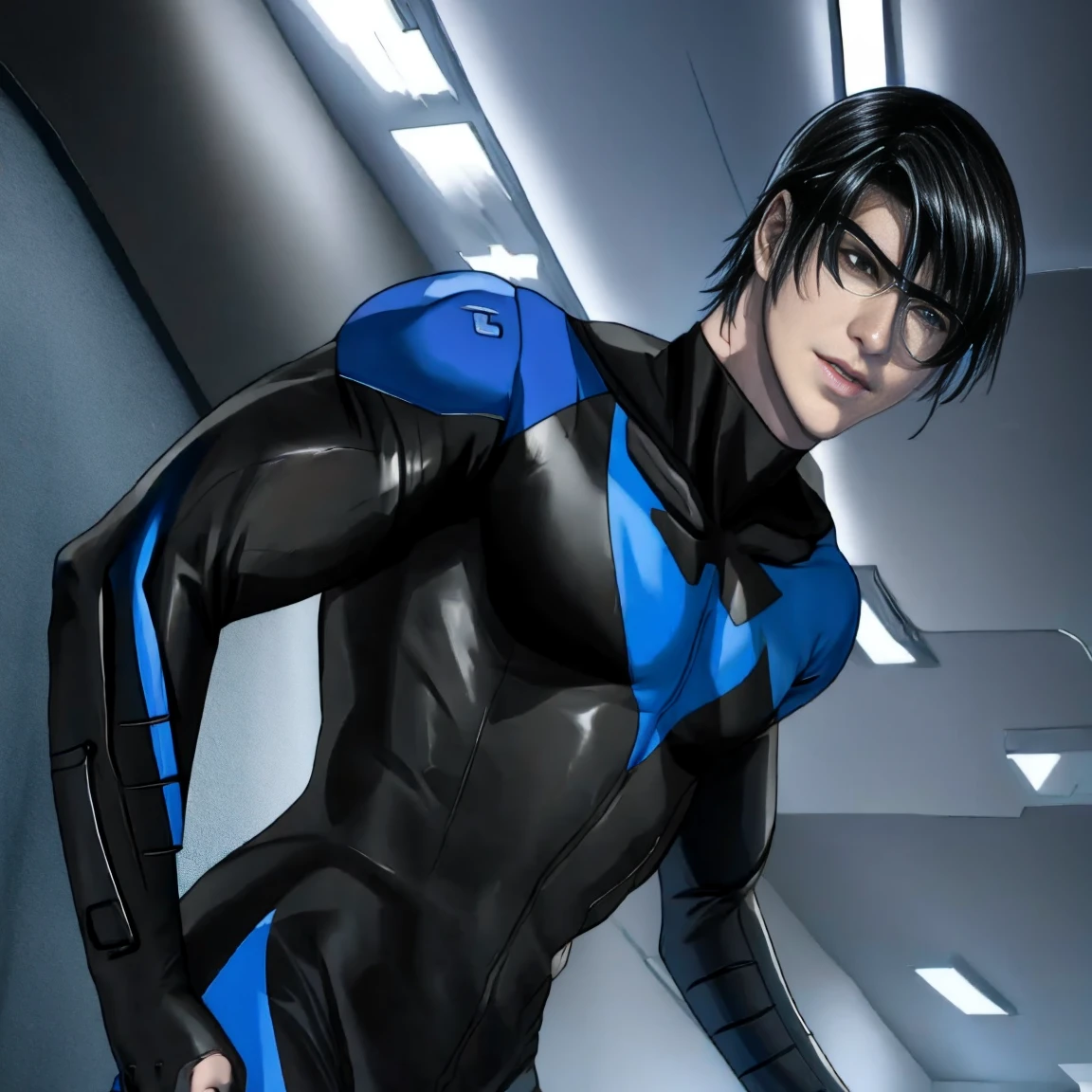   nightwingsuit, cute young man  ,   sexy body ,   tall  , Shiny black hair, upright, 